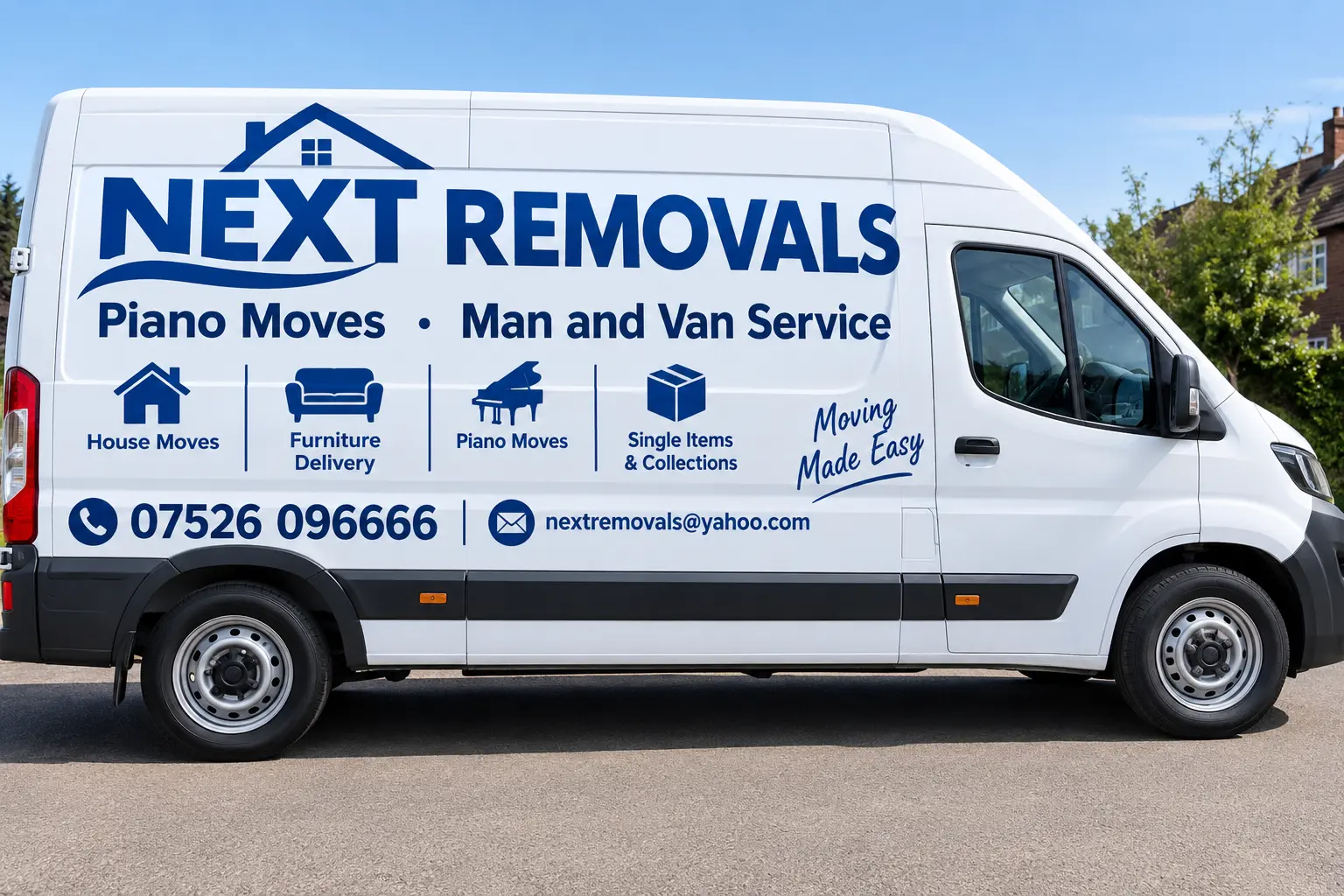 Next Removals branded panel van, signwritten with piano moves and man and van service